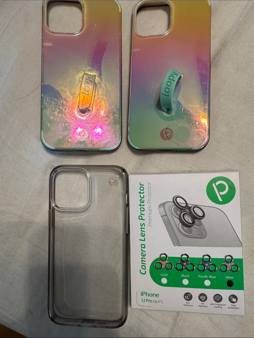 Apple Iridescent Phone Case Pair - Pink & Green; Clear; Camera cover 12Pro max